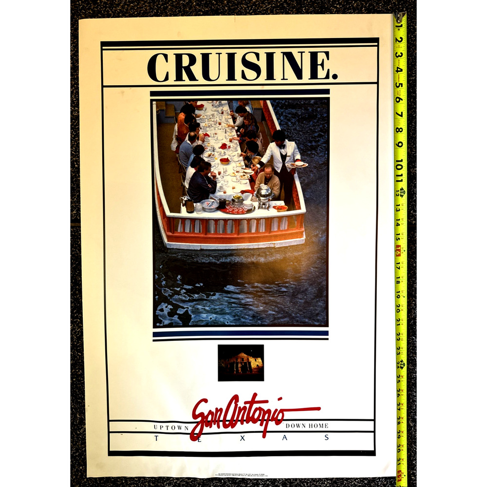San Antonio Texas River Walk Dining Cruise Poster Travel Ad 1980s TX Tourism EUC